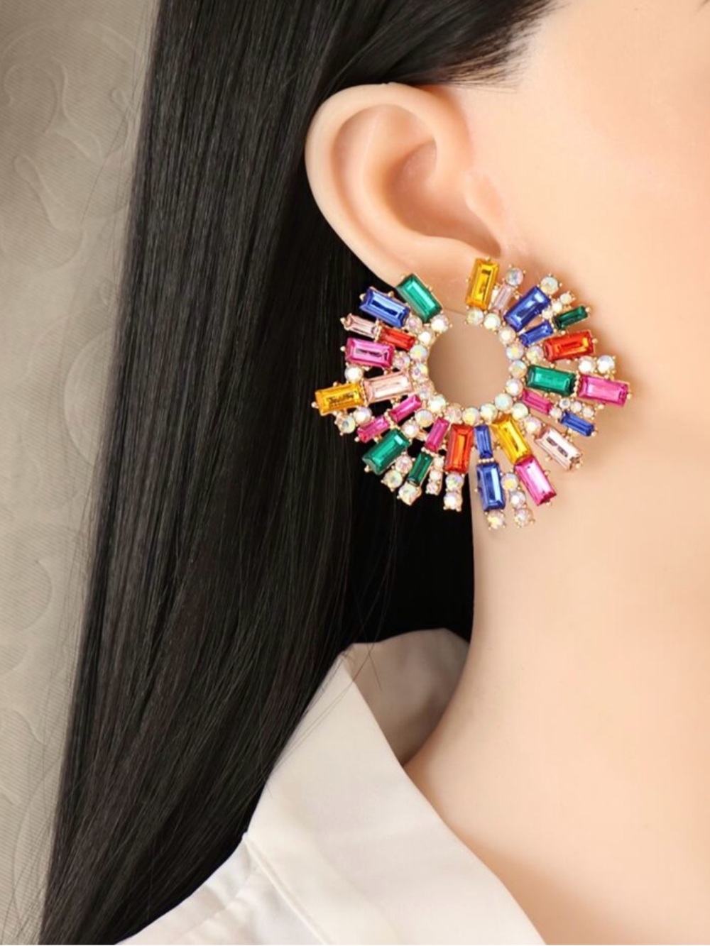 Multicolor Crystal Burst Hoop Earrings - Women Jewelry